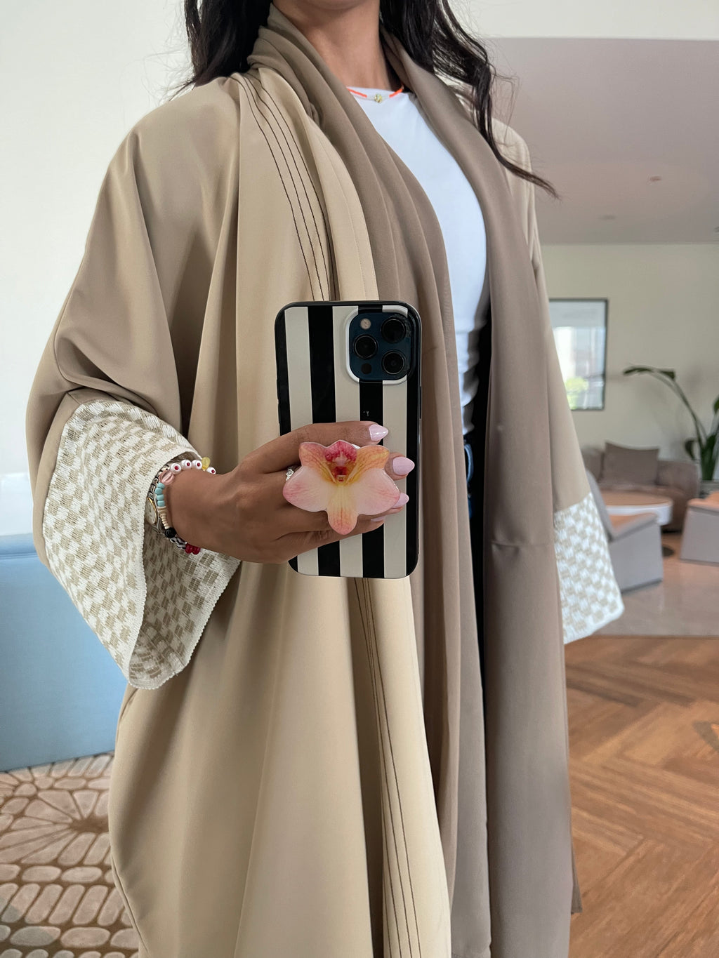 beige chess abaya