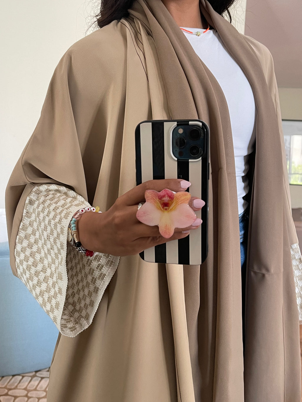 beige chess abaya